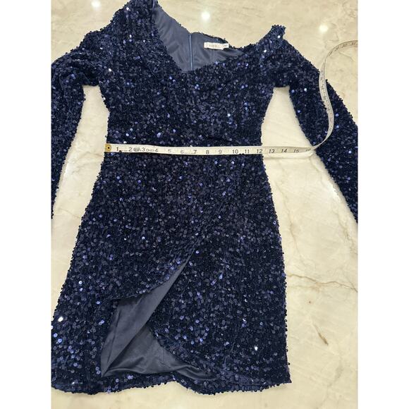 LUSH Blue Sequin One-Shoulder Bodycon Cocktail Dress Sparkly Party Mini Sz S - Picture 13 of 14